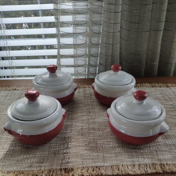 French Onion Soup Bowls Set of 4 Vintage Lugged Lidded Chili Bowls Dbl Handle 6" - Picture 1 of 13